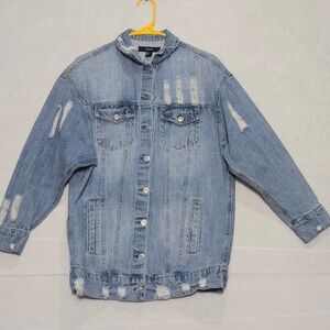 FOREVER‎ 21 Womens Distressed Denim Jacket Light Wash Button Up Oversized Small